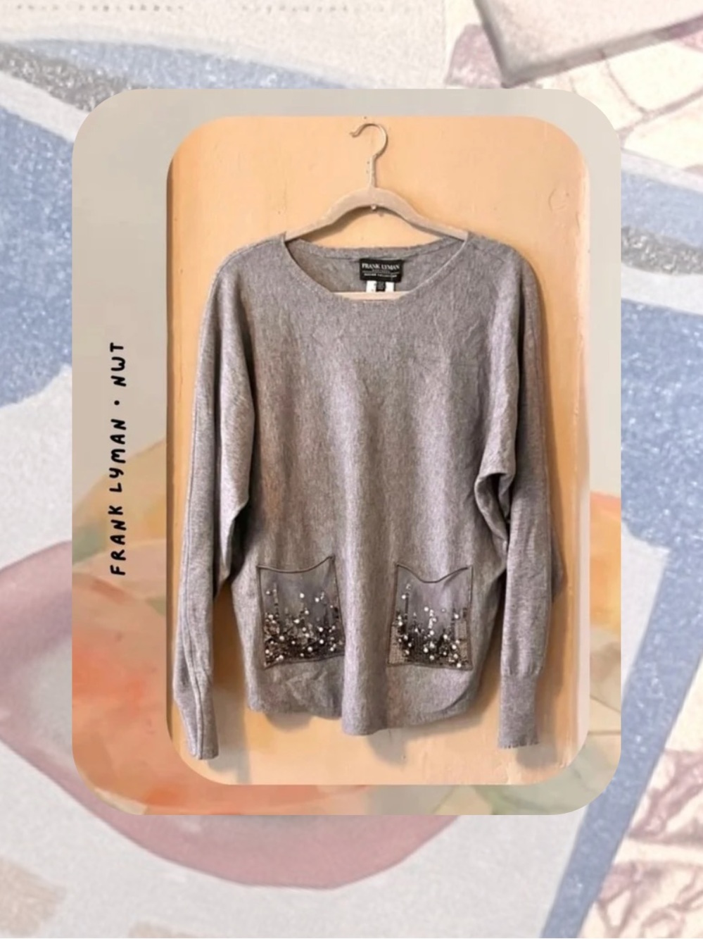 π·οΈ frank lyman β’ gray knit soft sweater front pearl & sequin embellishments